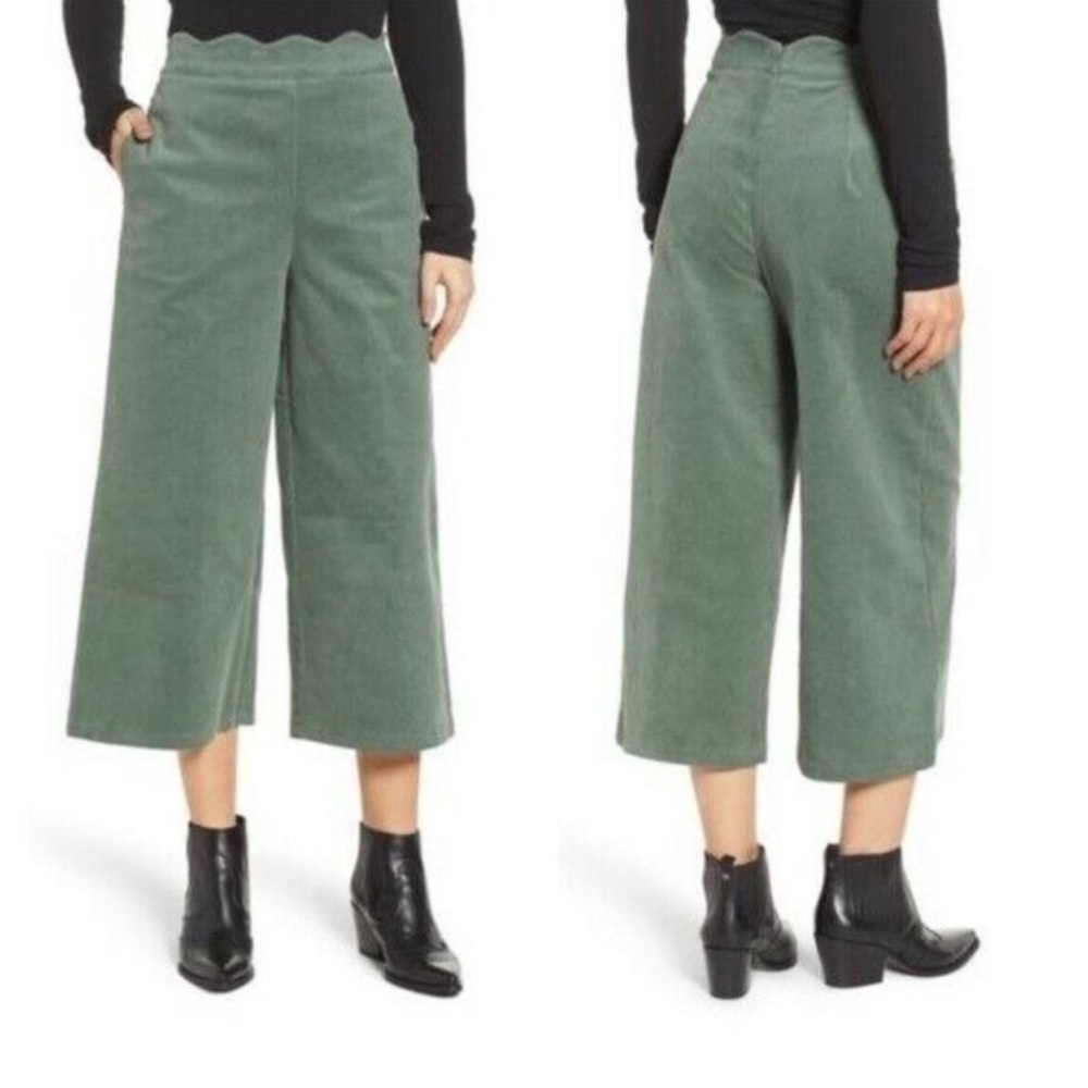 Moss Sage Green Scalloped Edge High Waisted Wide Leg Crop Corduroy Pants by BP